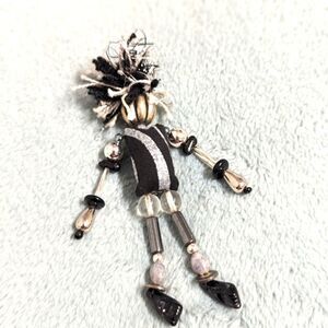 Vintage Artisan Made Rag Doll Brooche w/ Glass and Silver Beads